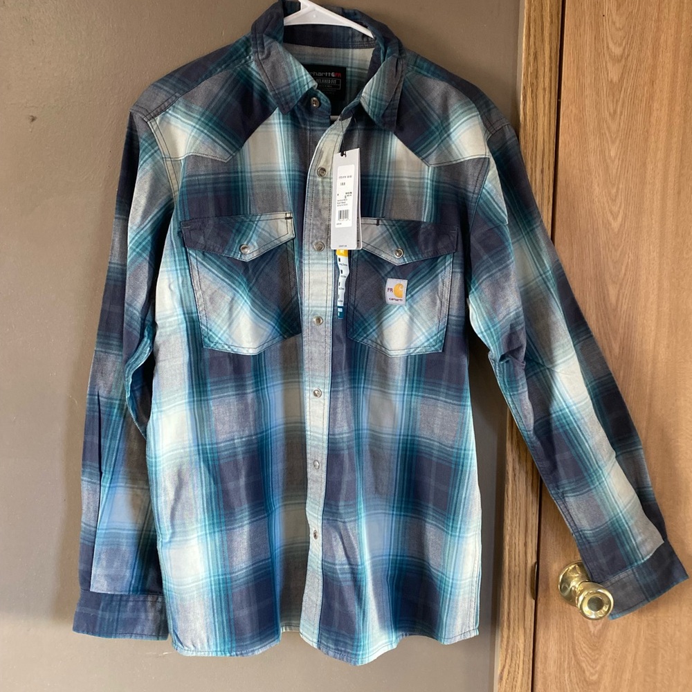 Carhartt Men's Teal and Navy Plaid Shirt